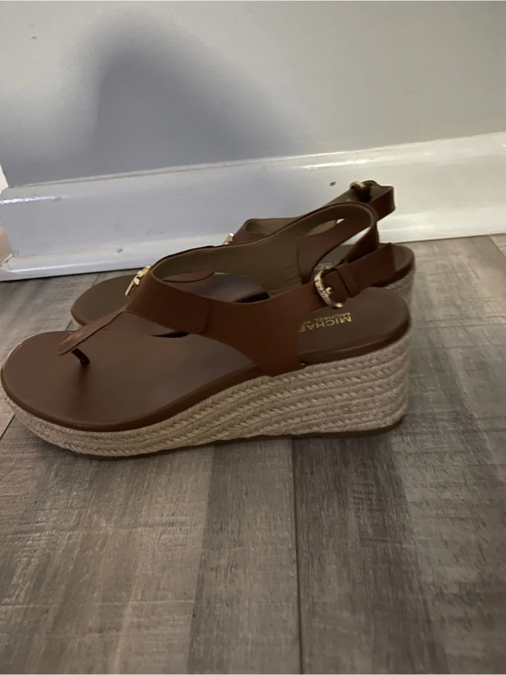Michael Kors Tan Leather T-Strap Sandals with Gold MK Accent